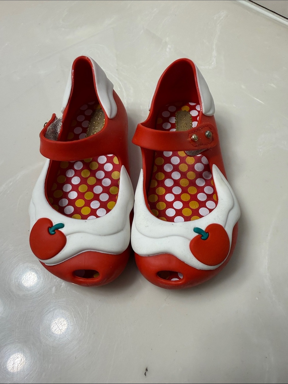 Mini Melissa Red Cherry Mary Jane Sandals with White Trim